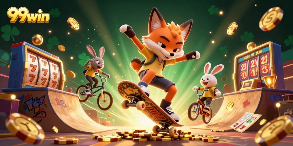 Experience thrilling adventures with 99win as a fox and rabbit unite in a dynamic casino scene.