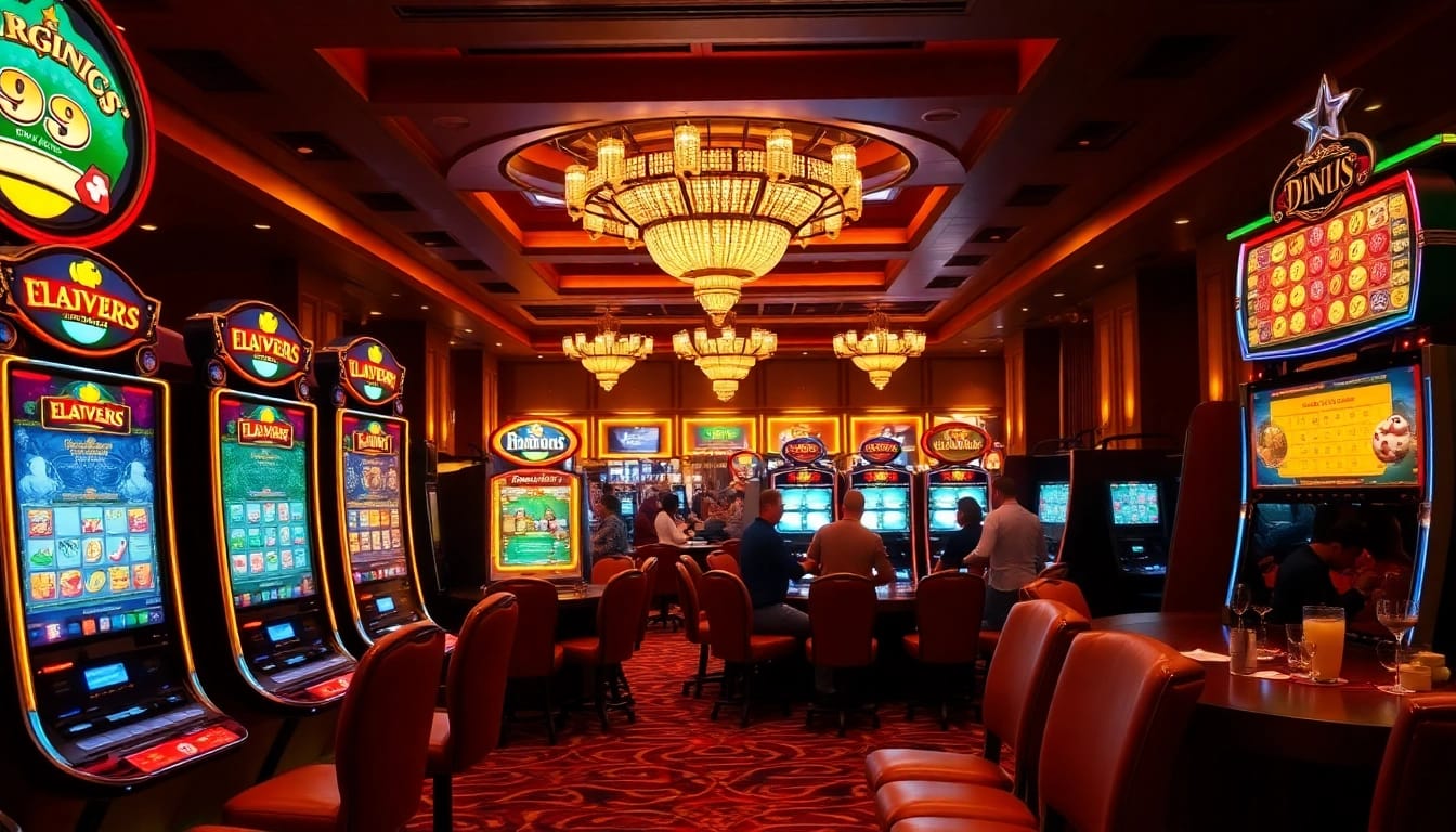Pemain terlibat dengan mesin slot berwarna-warni di kasino mewah, menyoroti pengalaman permainan slot yang menarik.