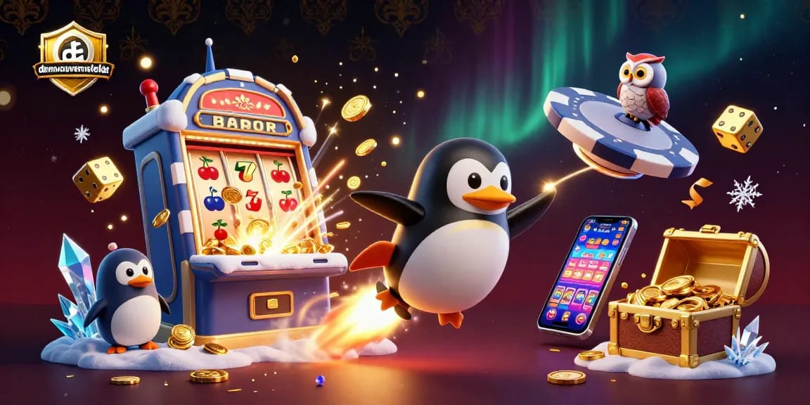Experience thrilling moments with denemebonusuverensiteler as a golden penguin rushes towards a casino station.