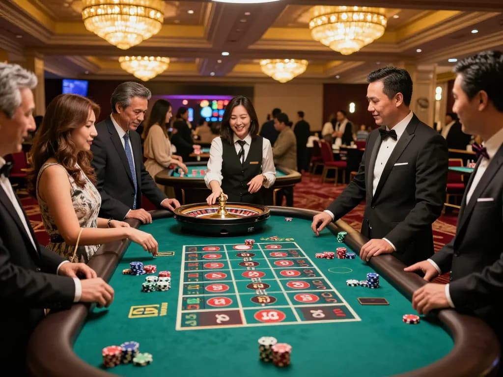 F168 players celebrating a win at a dynamic roulette table in a vibrant casino atmosphere