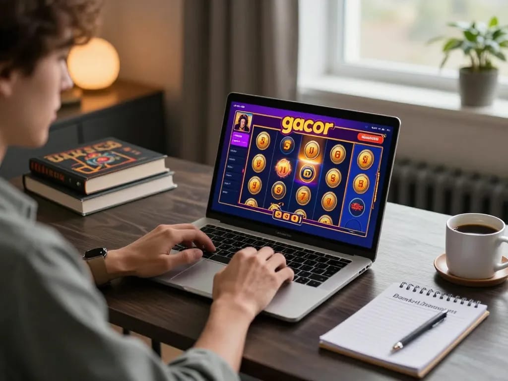 Engaging in an online toto slot game, showcasing winning opportunities at home.