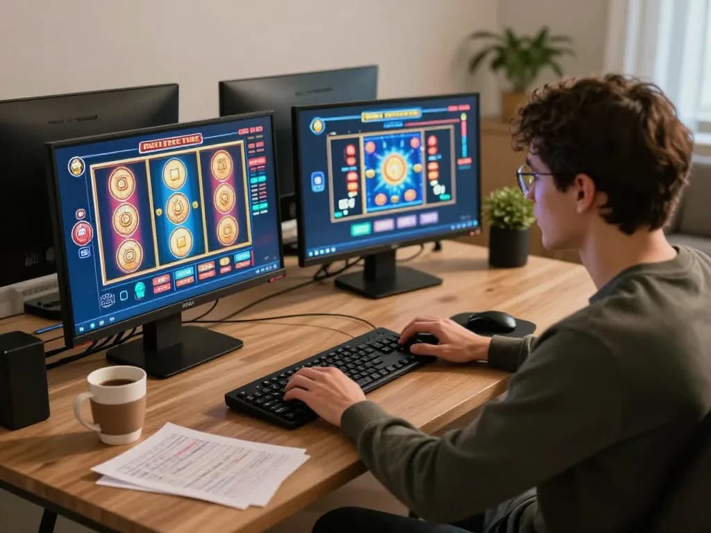 This online gaming setup showcases the thrill of playing at a casino bonus utan svensk licens with a person immersed in slot gameplay.