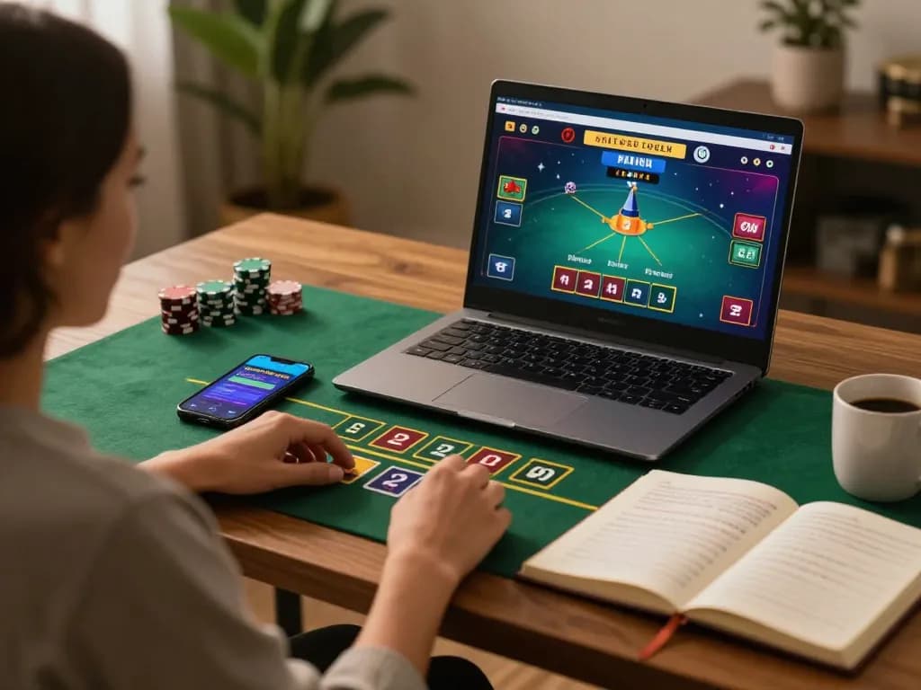 C168 player engaged in strategic online blackjack game at a home desk with notebook and coffee.