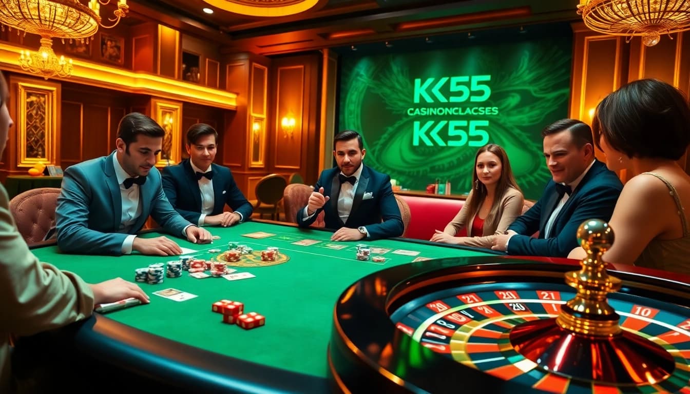 Engaged players at a KK55 poker table in an elegant casino setting, depicting thrilling gambling excitement.