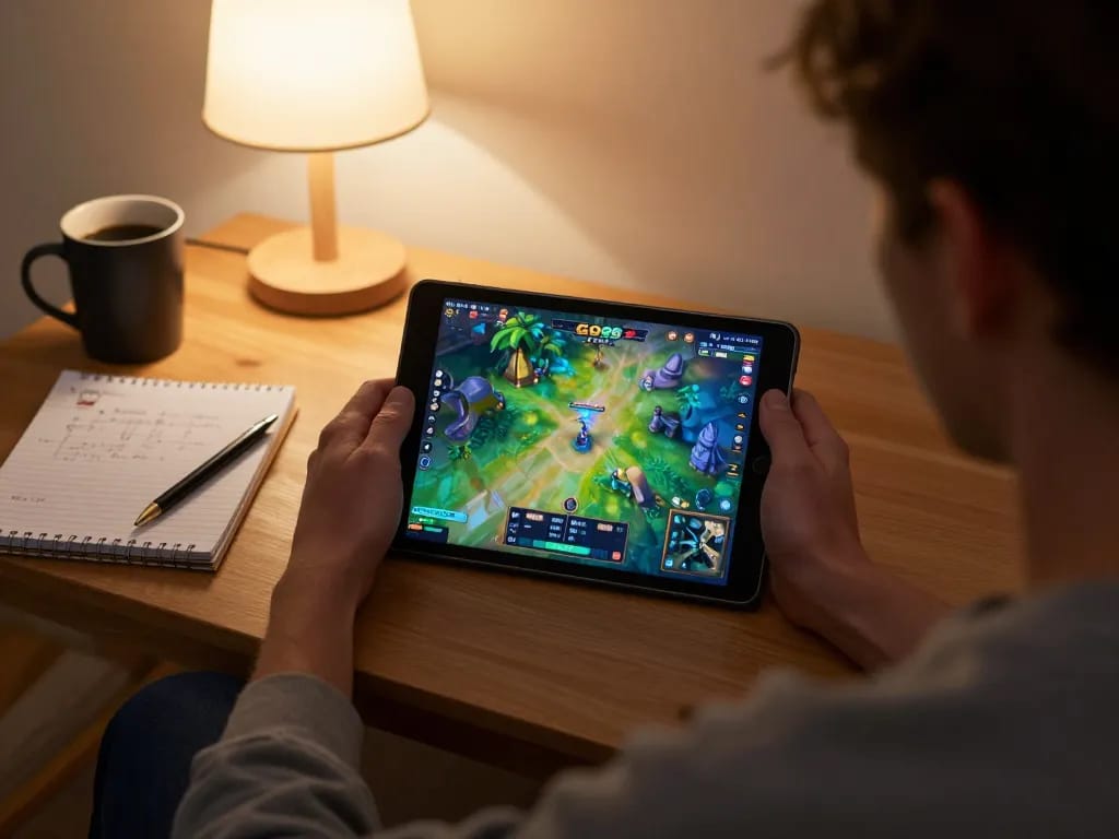 Playing game go88 on tablet while enjoying a cozy home environment with strategy notes.