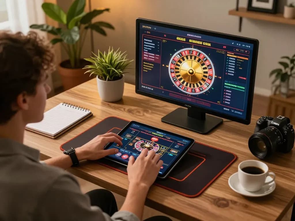 Player enjoying an immersive online casino experience with NET88 app on tablet amid engaging gameplay.