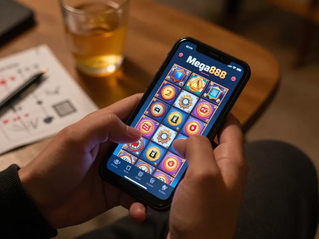 Mega888 mobile app on screen as the player spins colorful slots at home.