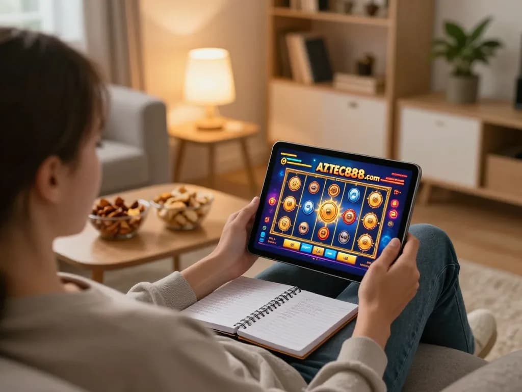 Engaging in online gaming with AZTEC888 on a tablet in a cozy home environment