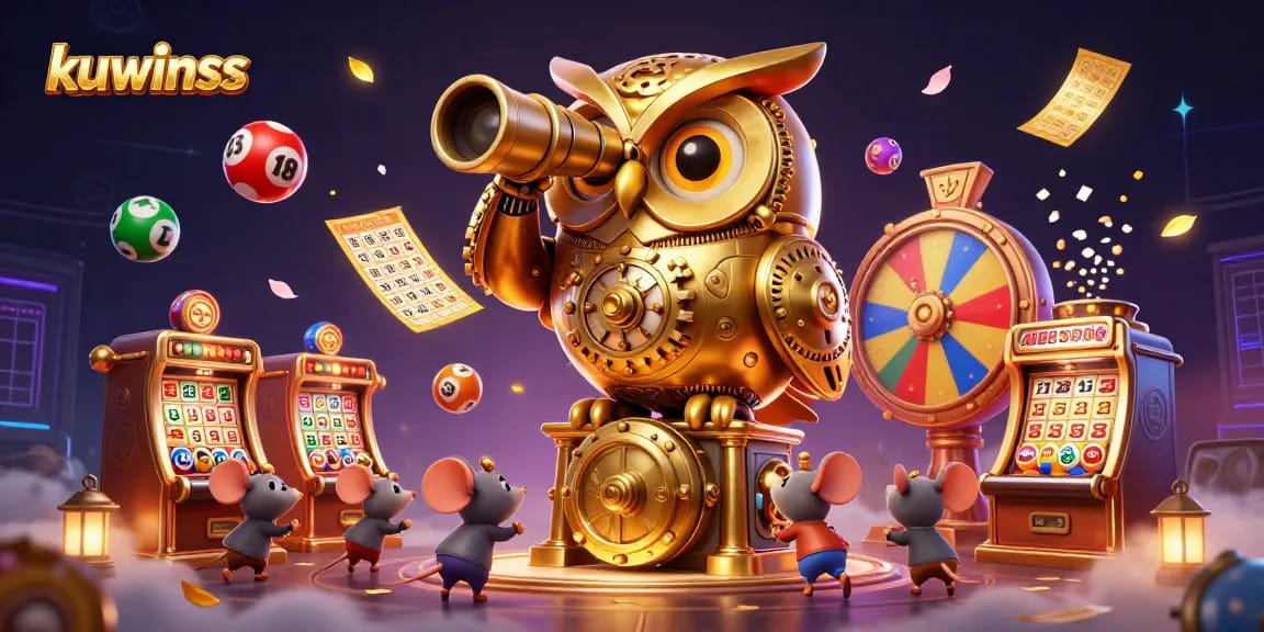 Experience kuwinss with a vibrant casino scene featuring a golden owl and lottery elements.