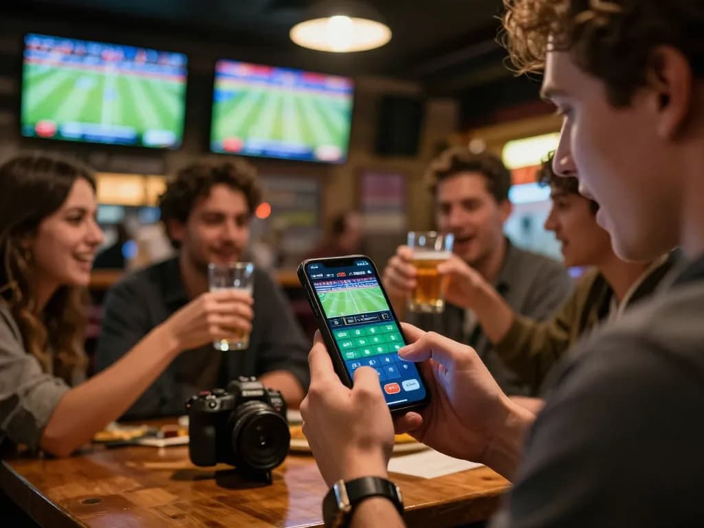 Tỷ lệ kèo nhà cái displayed on a smartphone as a sports bettor analyzes odds in a lively sports bar atmosphere.