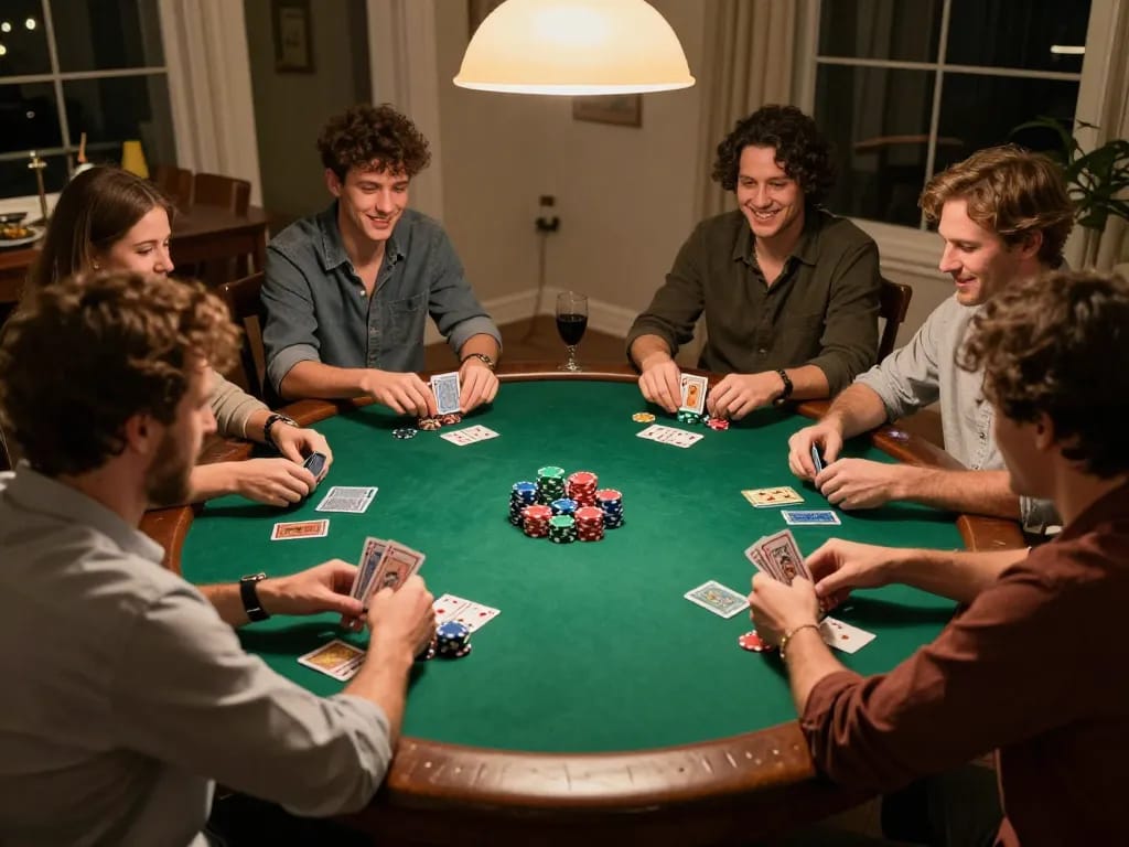 Players enjoying a lively poker game night at home while using tip88 for their gaming strategies