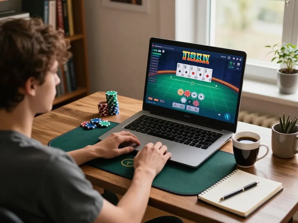 Person engaging in online poker gaming with live cards on the screen at ATQ