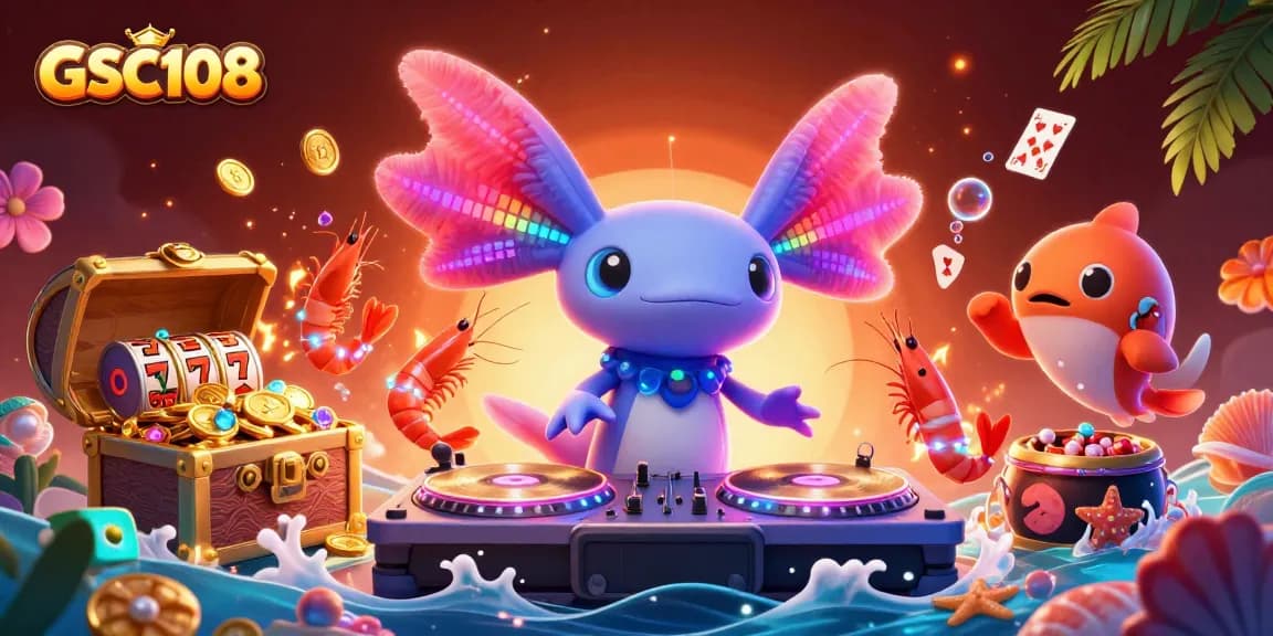 Experience GSC108 excitement with a neon DJ and vibrant casino elements in a lively underwater scene.