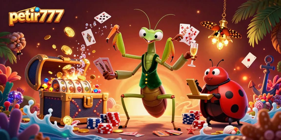 Experience petir777 with giant praying mantis card sharp dealing cards in a vibrant casino scene.