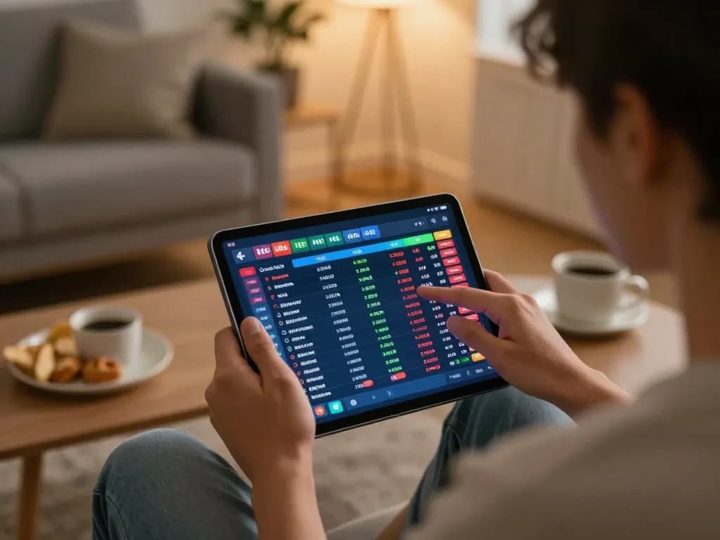 Engaging in live kèo bóng đá betting from a cozy home setup with tablet interface and warm ambiance.