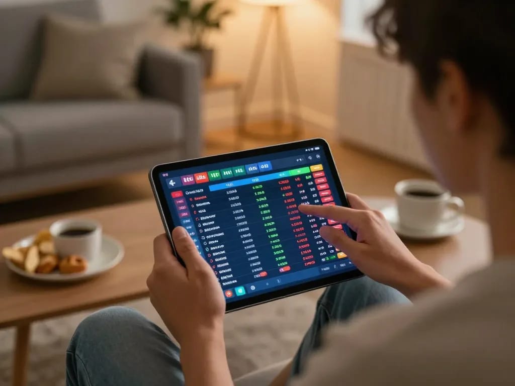 Engaging in live kèo bóng đá betting from a cozy home setup with tablet interface and warm ambiance.