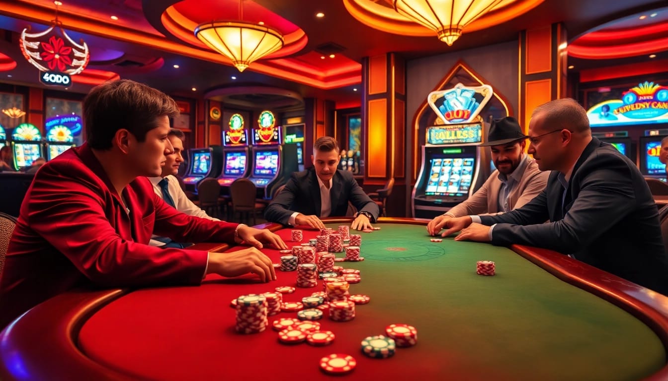 Players enjoy high-stakes poker at a luxurious casino in SODO, capturing the excitement of gambling.