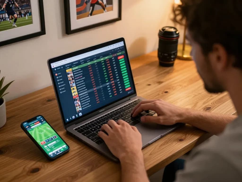 Engaging sports betting action on lsa platform with laptop and smartphone in cozy setting.
