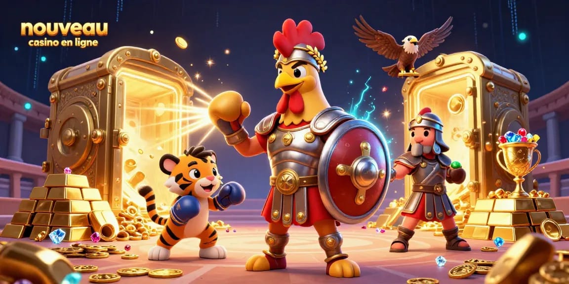 Nouveau casino en ligne scene showcasing a 3D cartoon gladiator rooster and treasures of a casino.
