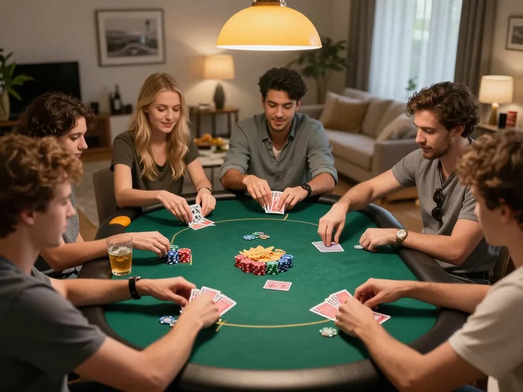 Friends enjoying a lively poker game at home, showcasing strategic gameplay with Jilipinas.