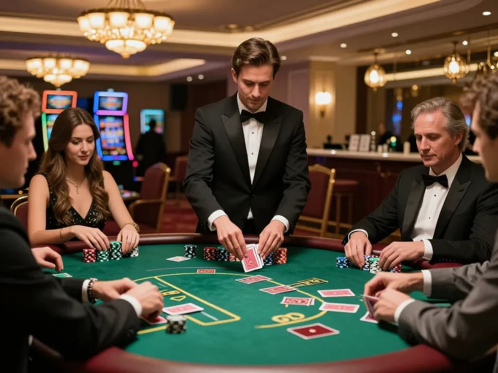 Bl555 players enjoying intense poker game at upscale casino with warm ambiance.