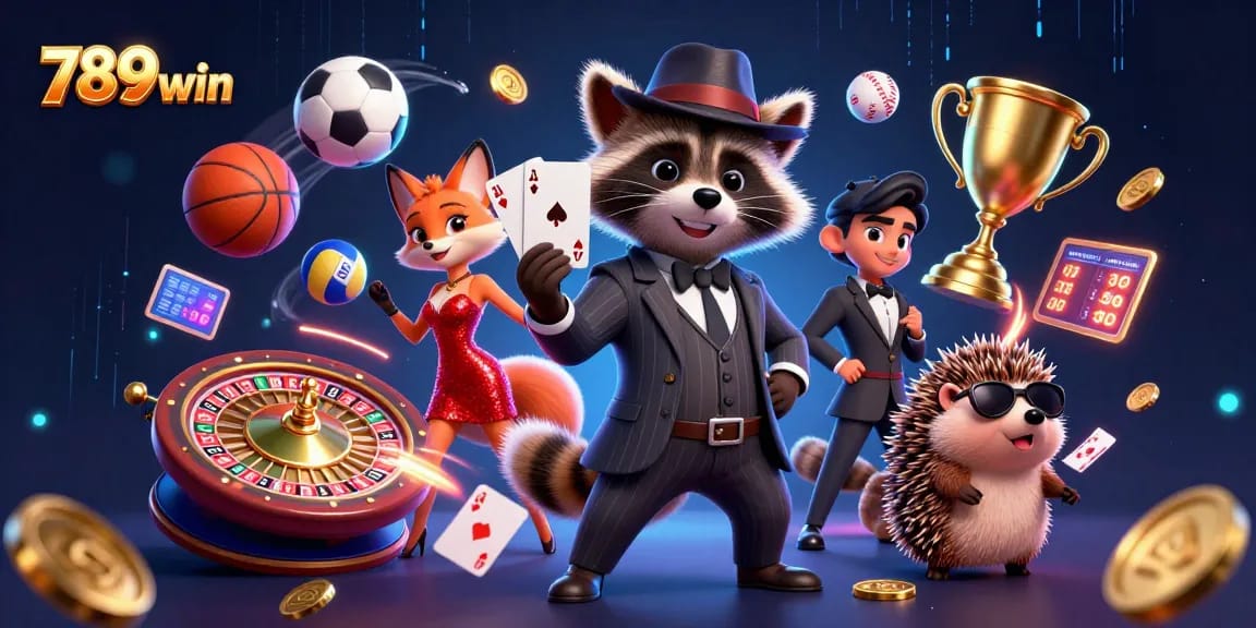 Experience thrilling gameplay at 789win with a fox and raccoon in a lively casino scene.