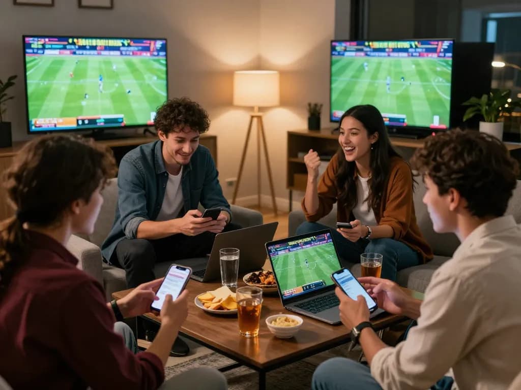 Kèo nhà cái 5 being analyzed in a lively home sports betting setting with friends discussing strategies.