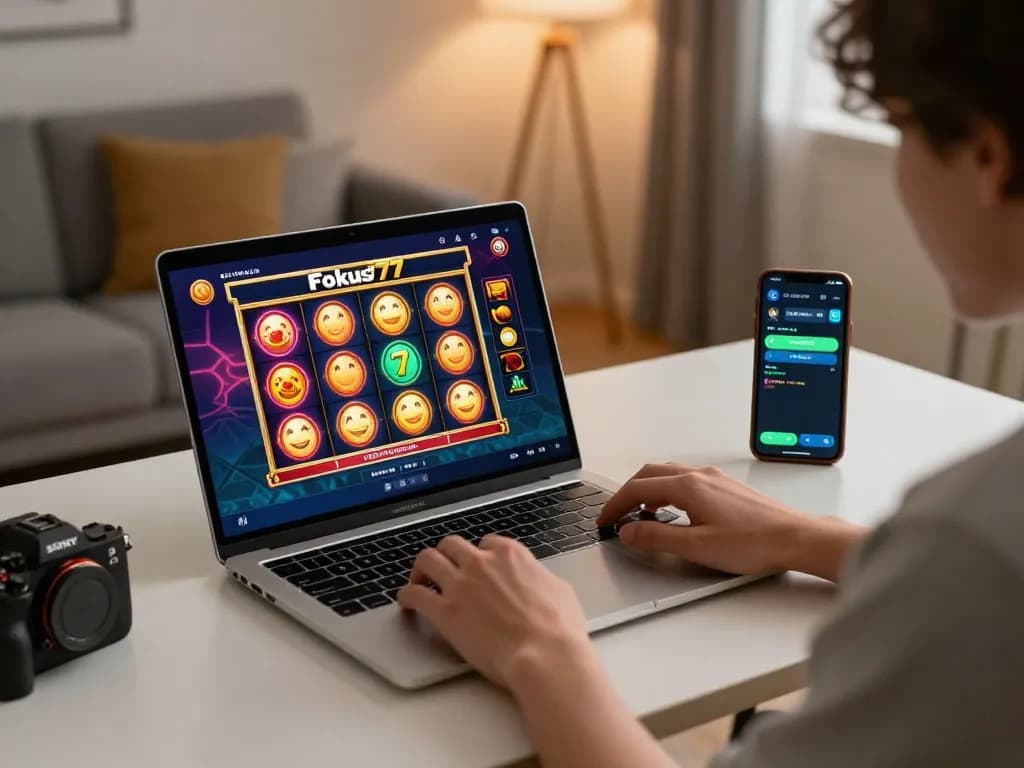 Engaging in online gaming on Fokus777 with a vibrant slot game displayed on the laptop screen