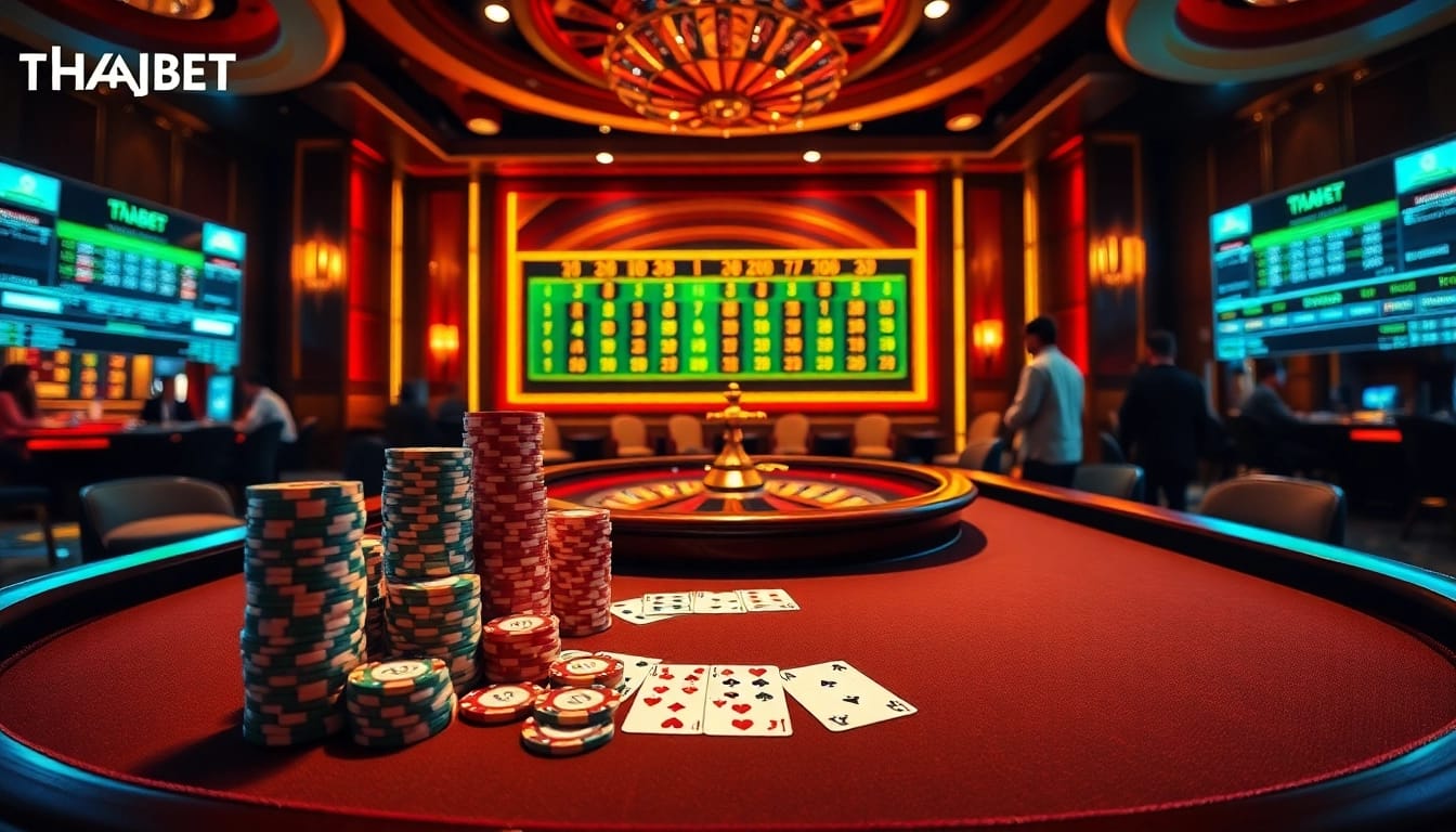 Players enjoying a thrilling game at THABET casino with vibrant chips and cards.