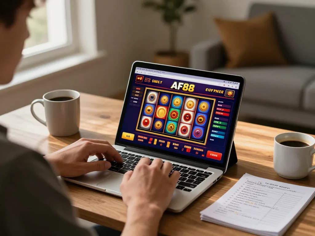 Player enjoying the AF88 online casino app on a tablet while analyzing betting strategies in a cozy home office.