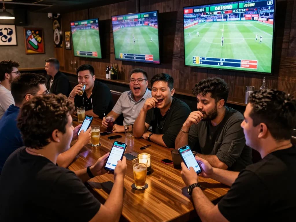 Betting on live sports at a vibrant sports bar using the ok8386 app on mobile devices while cheering with friends.