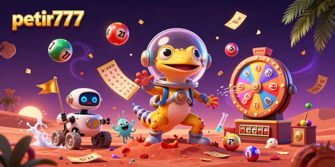 Experience petir777 with a Martian gecko discovering a golden casino, surrounded by vibrant gaming elements.