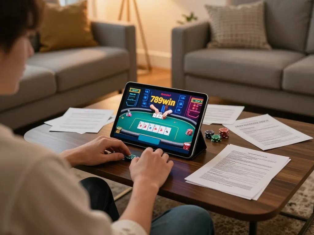 Engaging poker session on 789win using a tablet in a cozy living room setting