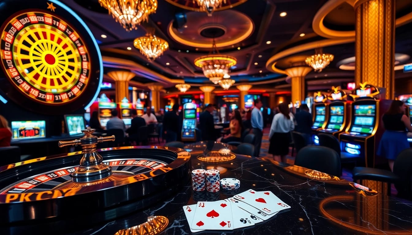 Exciting casino scene with PXJ-themed gaming tables, poker chips, and roulette wheel lighting the atmosphere.