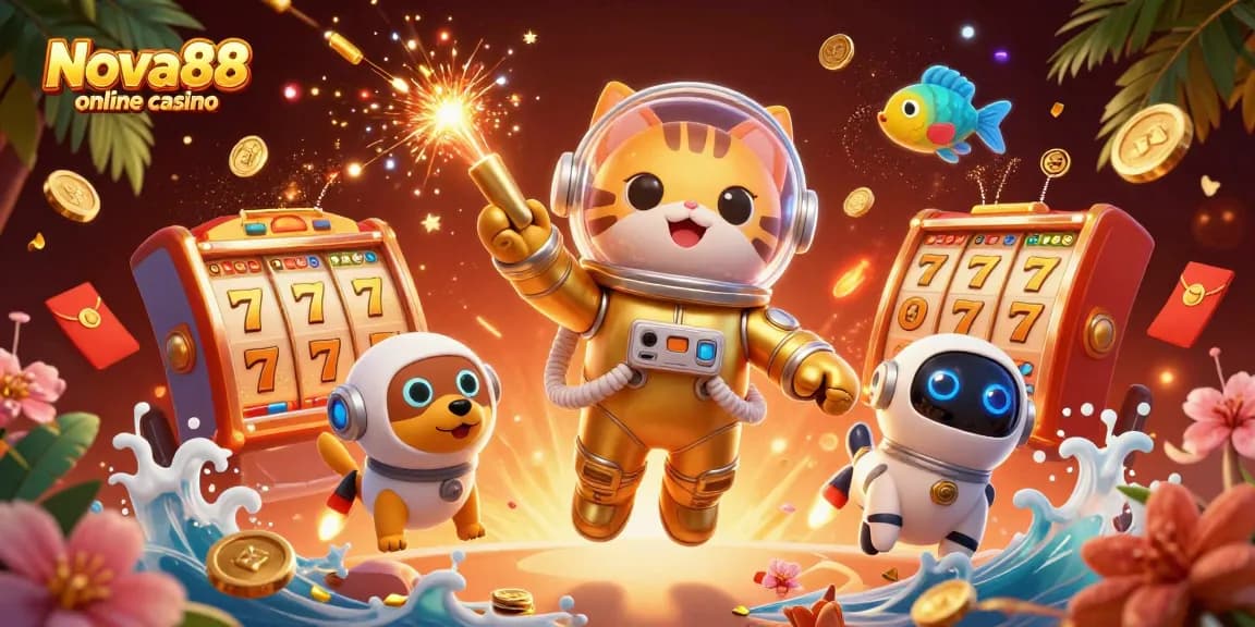 Join the action at Nova88 online casino with thrilling slot reels, golden coins, and space-themed characters.