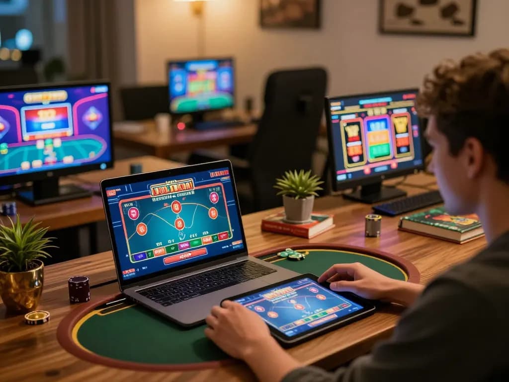 Engaging online gaming session at gg88 com with multiple devices showing casino games and strategies