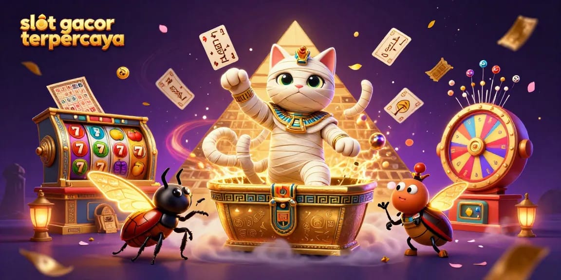 Visualisasi interaktif dari slot gacor terpercaya menampilkan kucing mummy 3D dan elemen permainan kasino menarik.