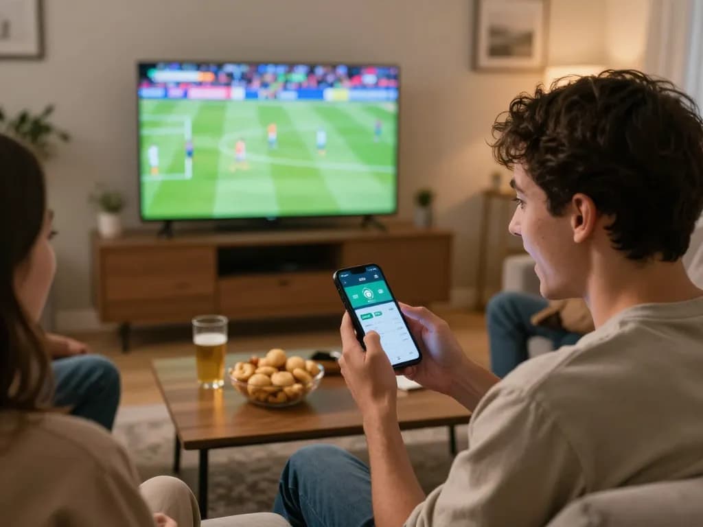 Engaged bettor using ok365 app for live sports betting excitement during a game night