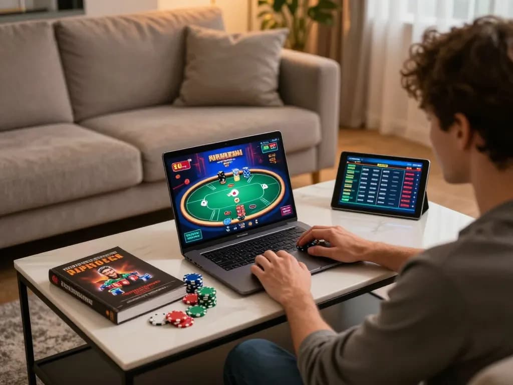 Engaged player on cm88seo enjoying poker gameplay on a laptop, surrounded by strategy notes and ambiance.