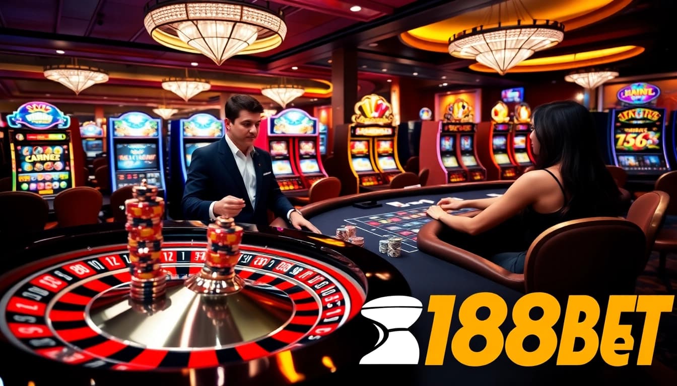 Exciting casino experience showcasing 188bet offerings with roulette, poker, and vibrant slot machines.