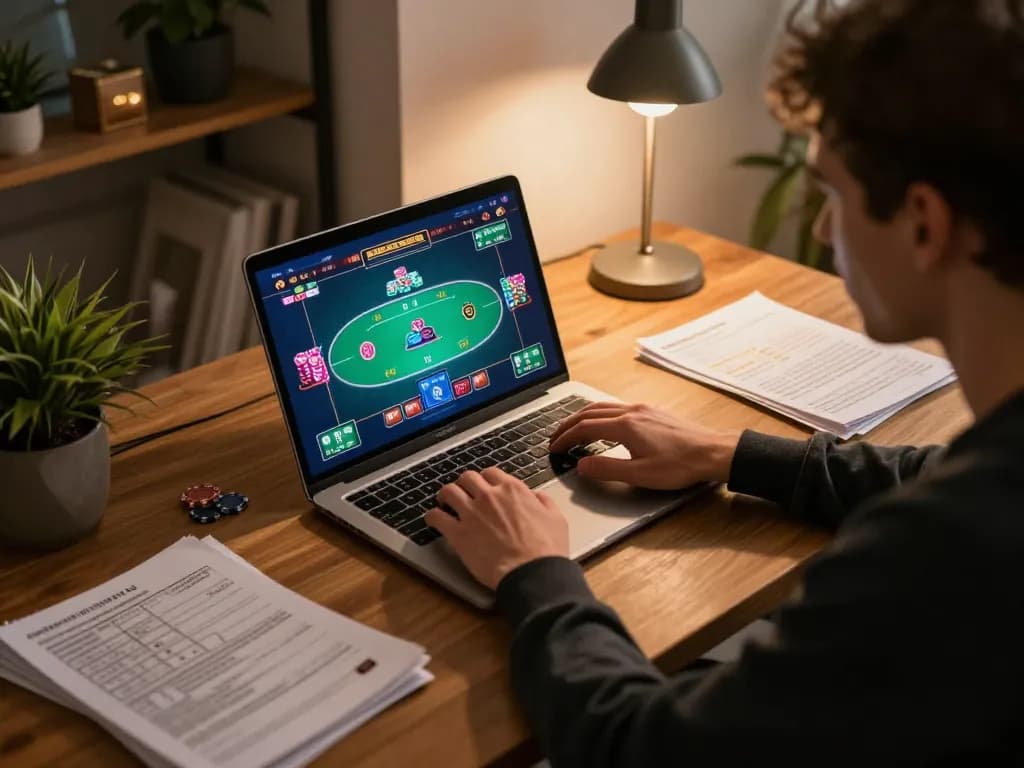 Engaging with fabet casino poker gameplay at home, showcasing strategy notes in a cozy environment.