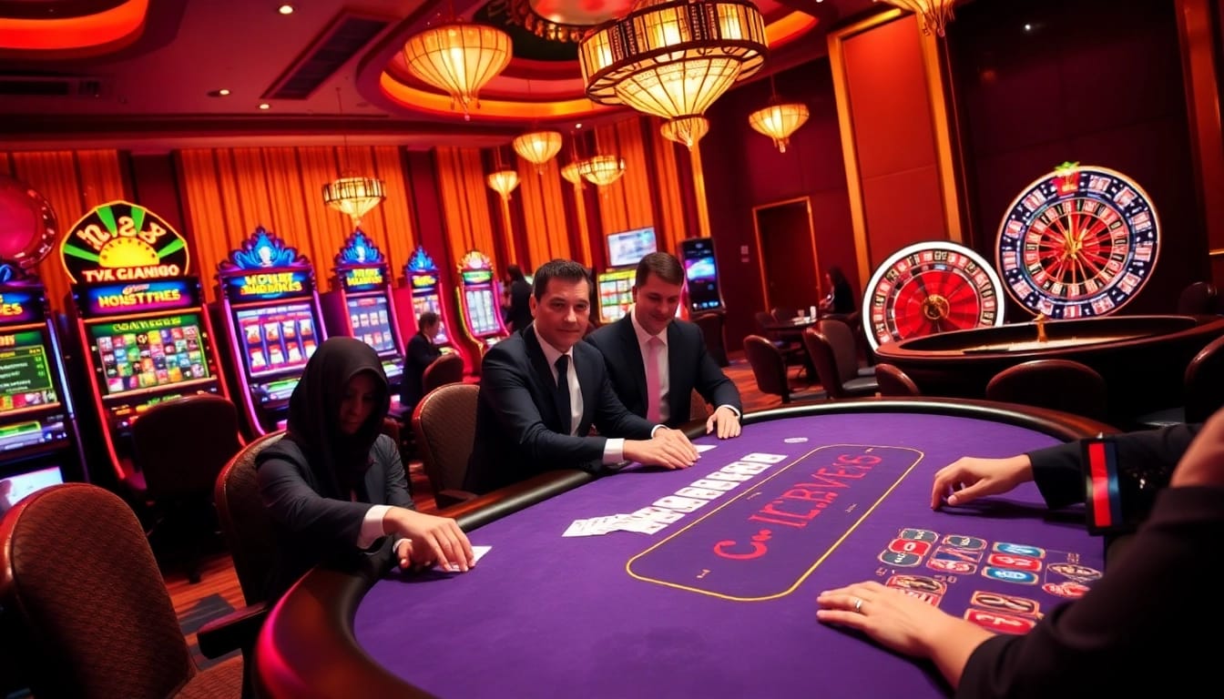 Experience thrilling gameplay at VA88, immersing in an elegant casino atmosphere with poker tables and vibrant slot machines.