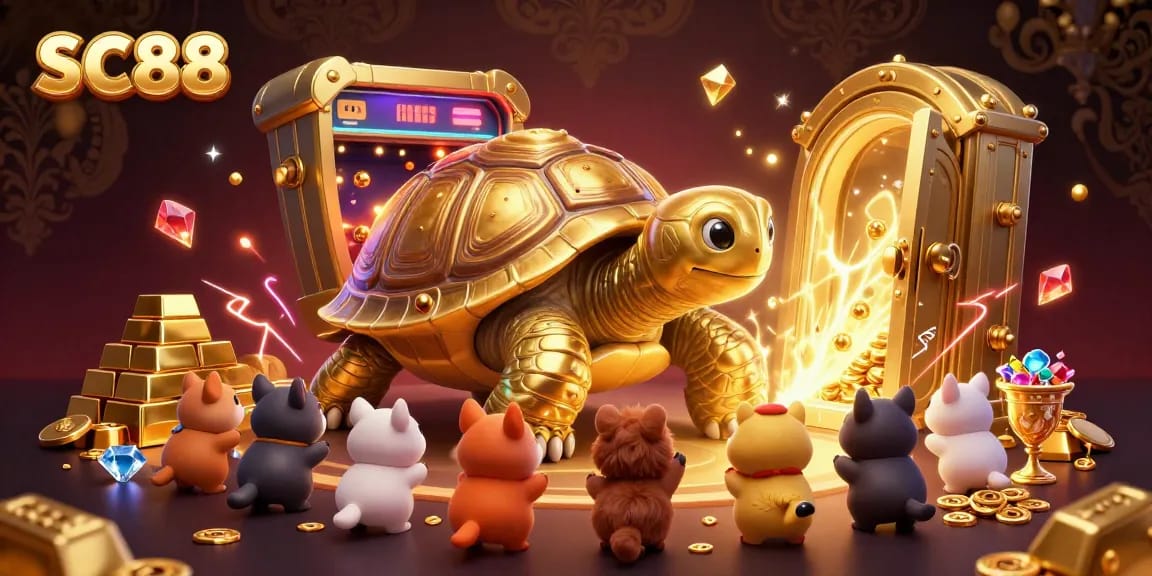 Engage with SC88's thrilling casino experience featuring a golden tortoise pinball machine and exciting game elements.
