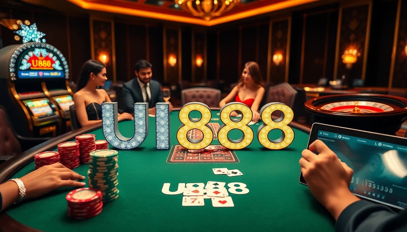 U888 poker scene featuring colorful chips and players engaged in high-stakes action