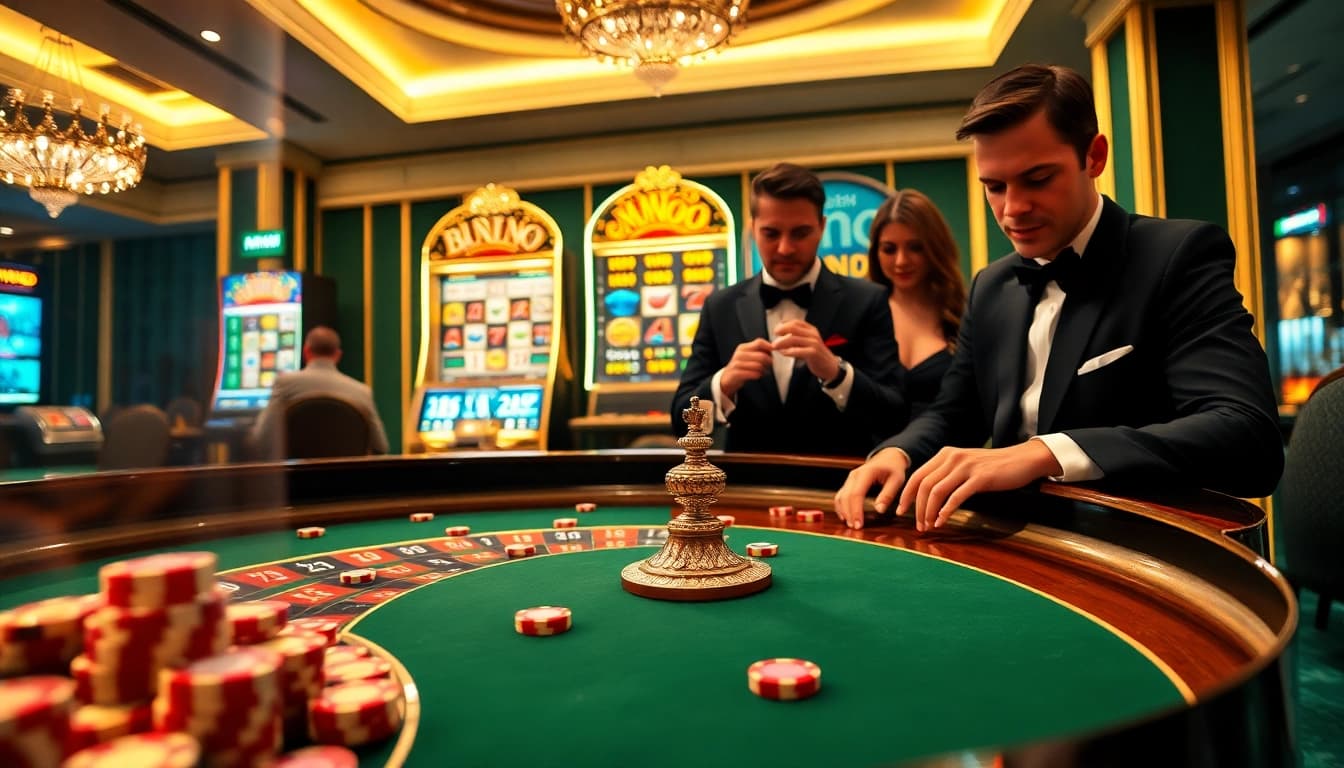 Play at an exciting MMOO casino table under vibrant lights with thrilling roulette action.