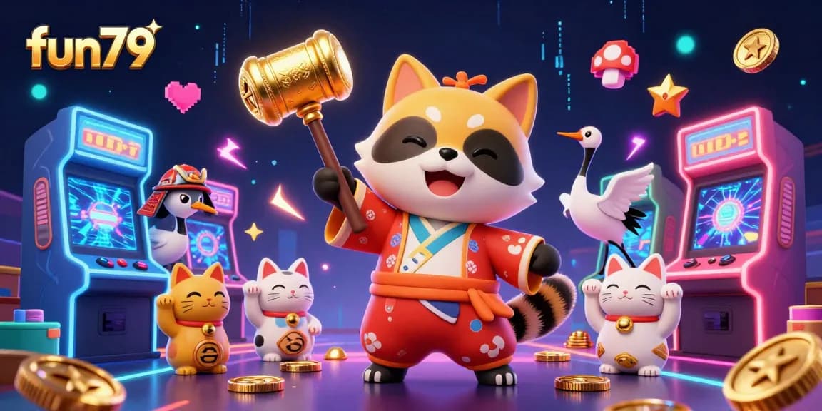 Play exciting games at fun79 with cheerful characters and vibrant casino elements in a lively 3D scene.