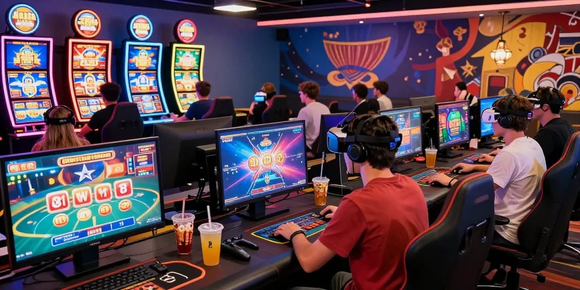 Engaged players enjoying diverse games at credit card casinos with vibrant lighting and gaming setups.