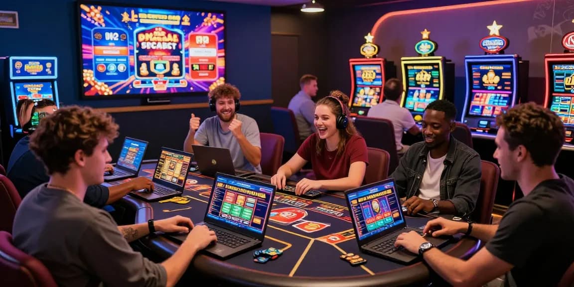 Exciting scene at credit card casinos UK showcasing players enjoying vibrant games, reflecting gaming strategies and promotions on laptops and mobile devices.