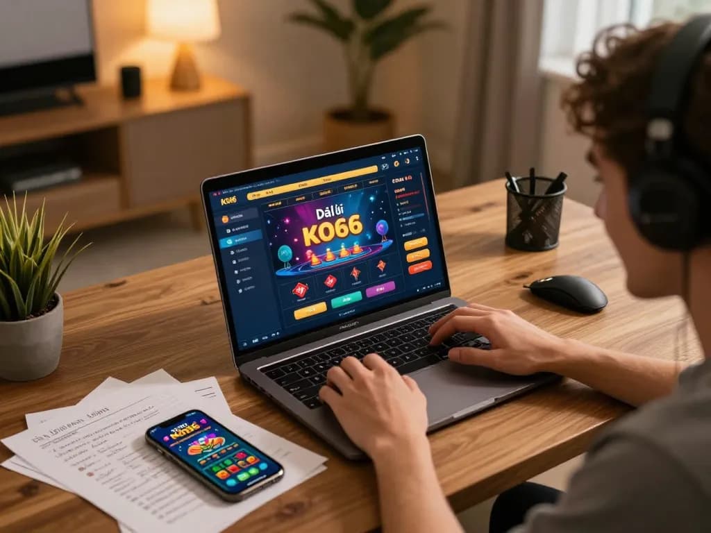 Engaging player exploring Đại lý KO66 opportunities at home, showcasing online gaming action.