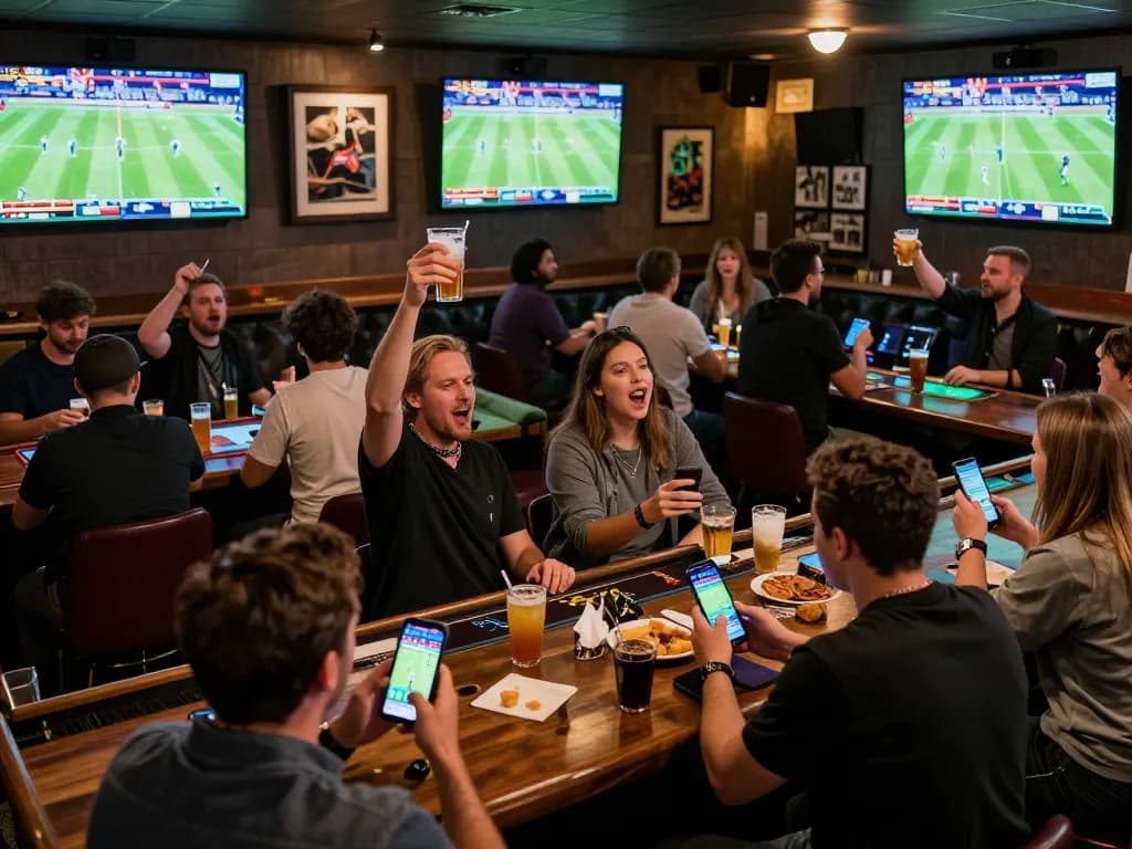 Engaged fans discuss strategies while betting on sports at W69, highlighting a vibrant sports bar atmosphere.